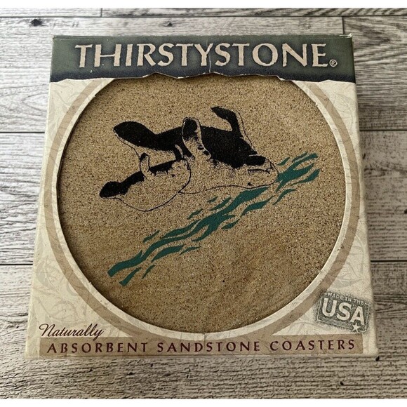 Vintage Thirsty Stone Manatee Sandstone Coasters Set of 4 Cork Backing 2000 - Picture 1 of 9